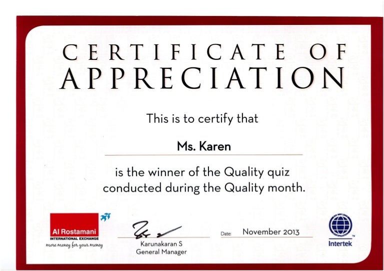 Quality Quiz Certificate Quality Quiz Certificate