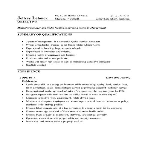 Jeffrey Lelonek  Co-Management Resume