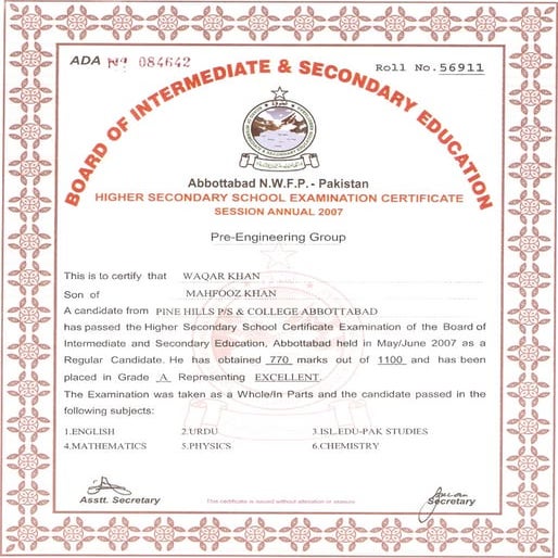 HSSC Original Certificate