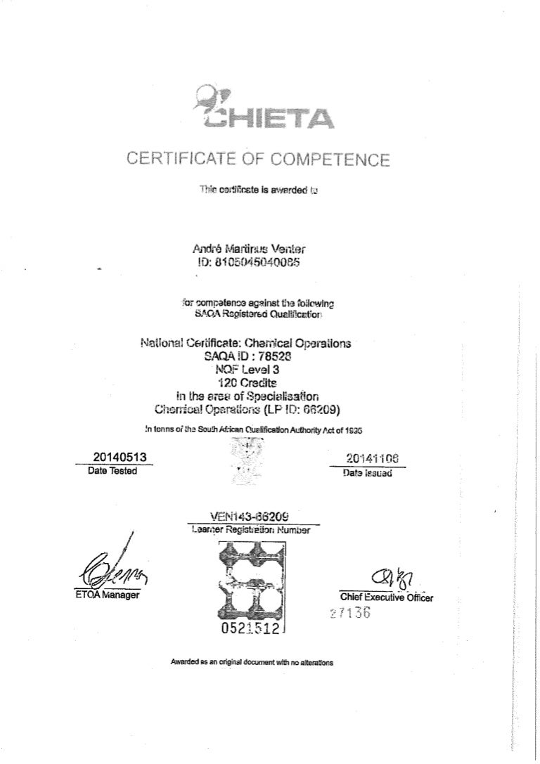 SAQA ID 78528 NQF Level 3 Chemical Operations