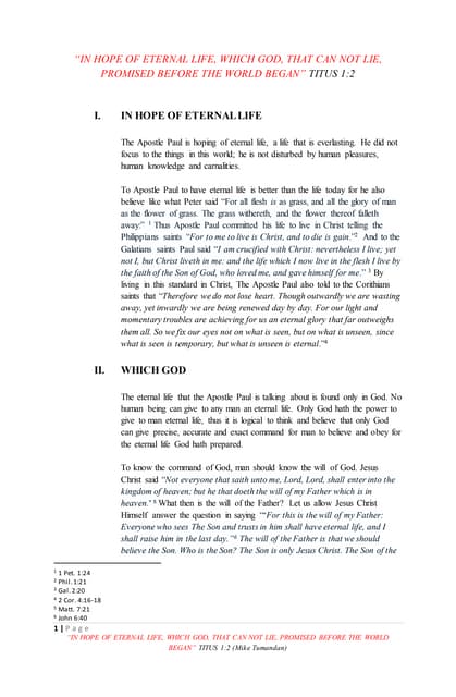 IN HOPE OF ETERNAL LIFE