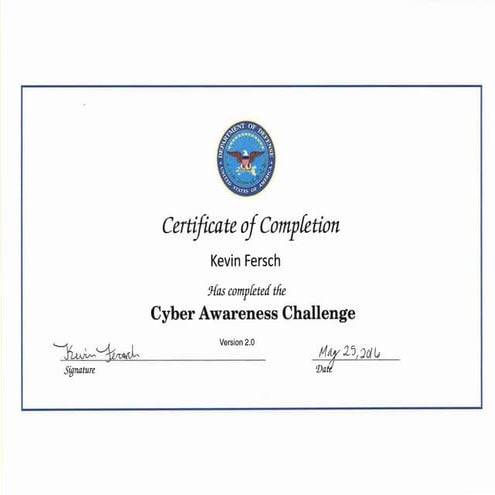 Kevin Fersch Cyber Awareness Challenge Certificate