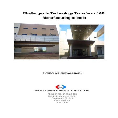 Challenges in Technology Transfers of API Manufacturing