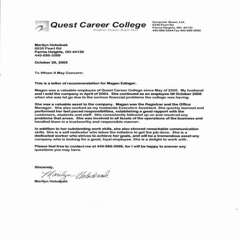 Quest Career College Recommendation Letter | PDF