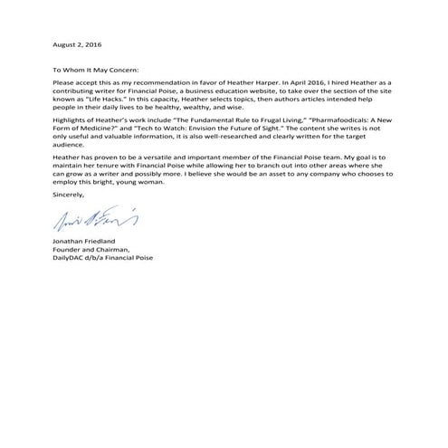 Financial Poise Recommendation Letter
