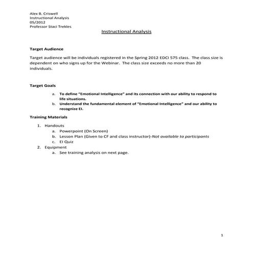 Instructional Analysis for Emotional Intelligence for EDCI 57500 Webinar