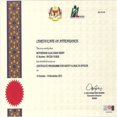 SHO Attendance Cert. Niosh