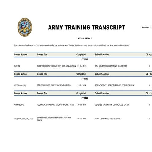 ARMY TRAINING TRANSCRIPT