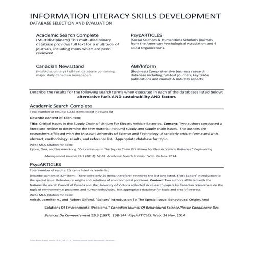 Selecting and Evaluating Databases Sample Responses
