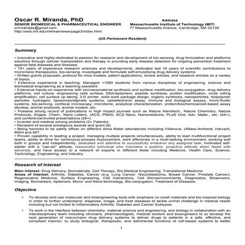 Oscar R Miranda CV 2015 A, Faculty Position