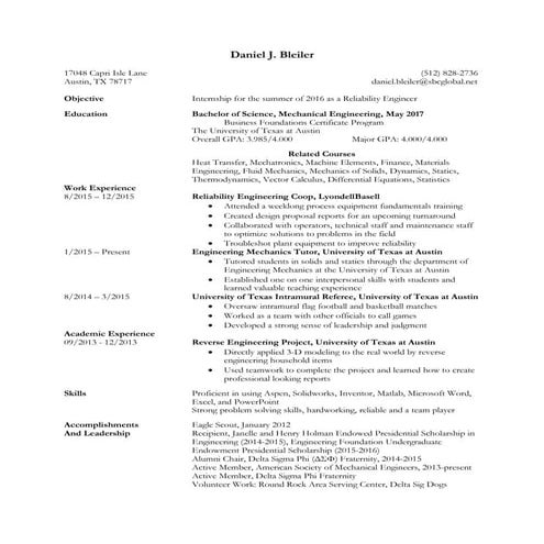resume for Daniel Bleiler