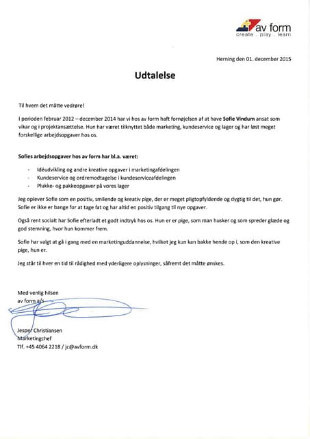 Udtalelse Sofie Vindum av form