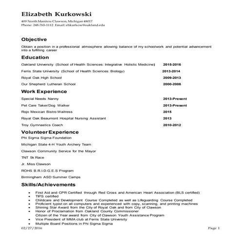 Resume as of Feb. 2016