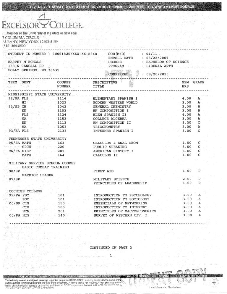 Excelsior College Graduation Transcript