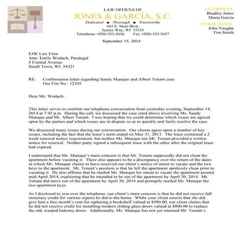 Sample letter of confirmation