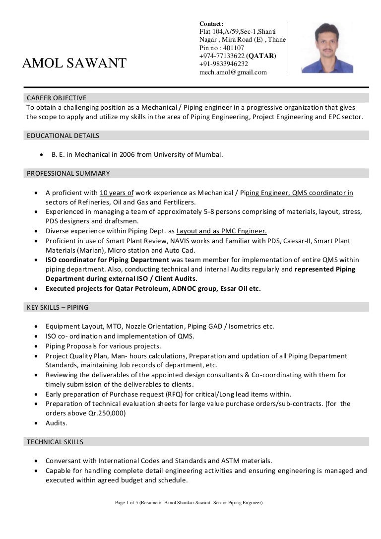 resume Mechanical Piping Engineer Resume amol sawant piping engineer with 10 years experience docx