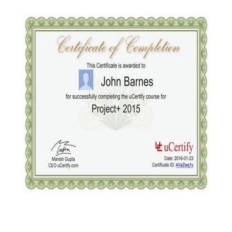Certificate of completion for Project+ 2015