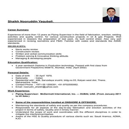 RESUME PIPING SUPERVISOR