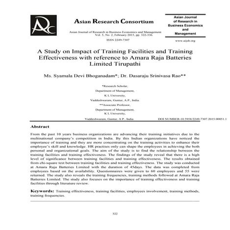 A Study on Impact of Training Facilities and Training Effectiveness with refe...