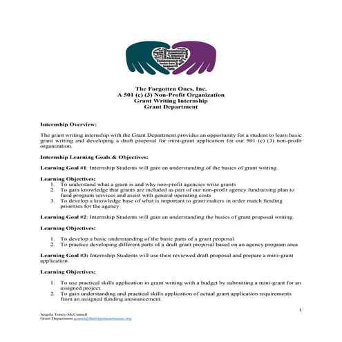 The Forgotten Ones Inc Grant Writing Student Internship 2014
