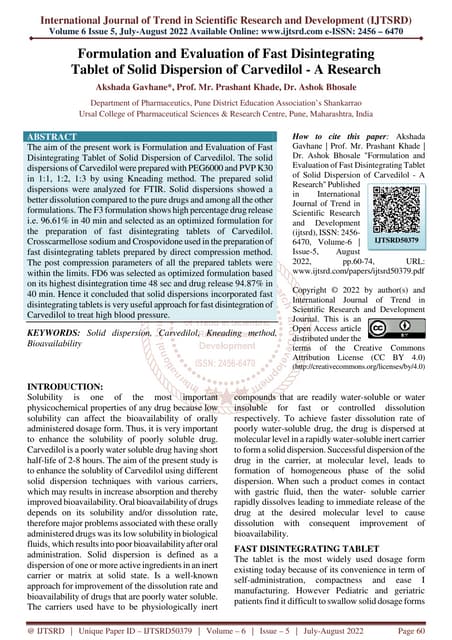 FORMULATION AND EVALUATION OF MOUTH DISSOLVING TABLETS OF CARVEDILOL | PDF
