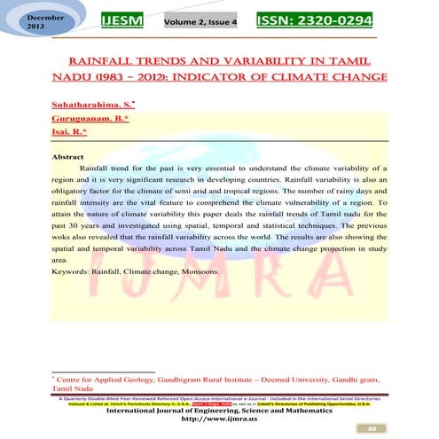 Rainfall Trends and Variability in Tamil Nadu (1983 - 2012): Indicator of Cli...