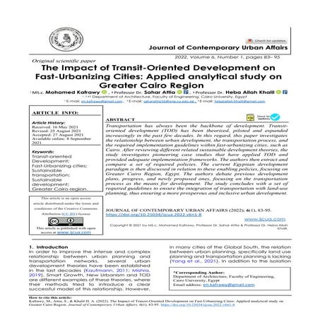 The Impact of Transit-Oriented Development on Fast-Urbanizing Cities: Applied analytical study on Greater Cairo Region