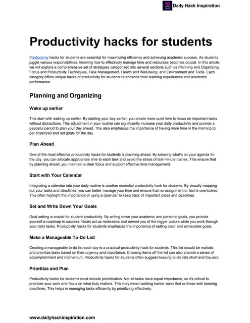 Productivity hacks for students: a guide | DOCX