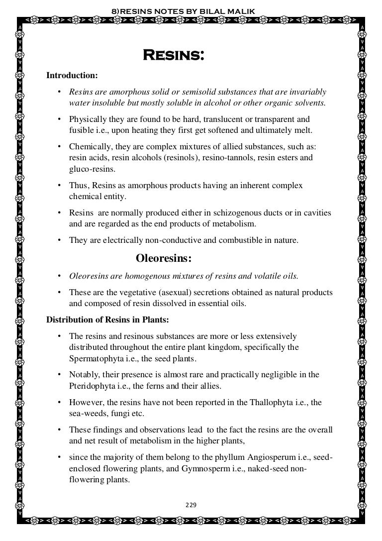 8 resins pharmacognosy notess