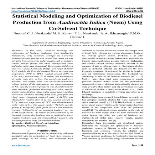 Statistical Modeling and Optimization of Biodiesel Production from Azadiracht...