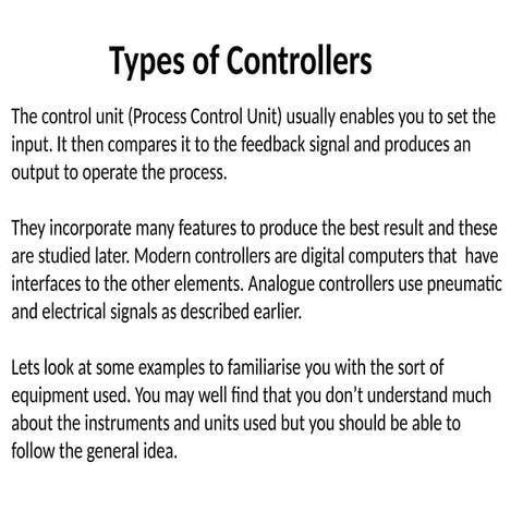 Types of Controllers used in Instrumentation and Control on HNC Unit 16- stud...