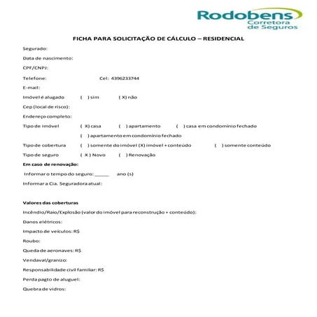 Ficha solicitação cálculo   residencial