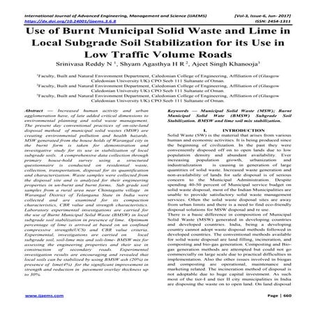 Use of Burnt Municipal Solid Waste and Lime in Local Subgrade Soil Stabilizat...