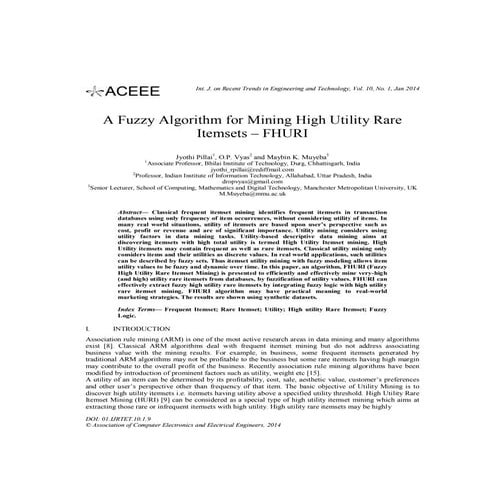 A Fuzzy Algorithm for Mining High Utility Rare Itemsets – FHURI