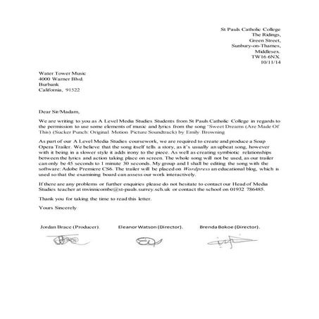 Permission Letter for Music | DOCX