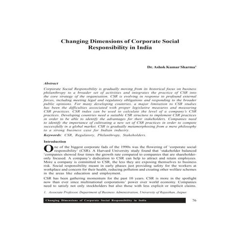 Changing Dimensions of Corporate Social Responsibility in India