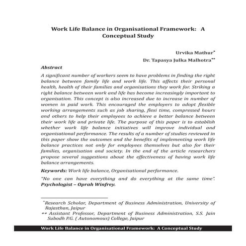 Work Life Balance in Organizational Framework:A Conceptual Study