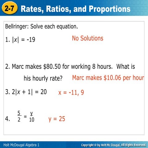 Algebra 1.  9.19 Review. proportions.absolute value.equations