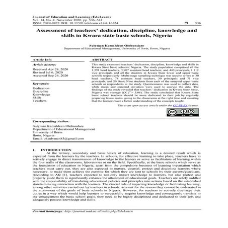 Assessment of teachers’ dedication, discipline, knowledge and skills in Kwara...