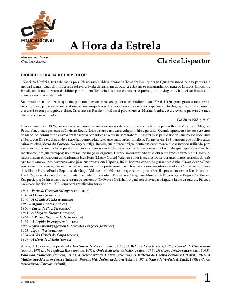 Resumo Do Livro A Hora Da Estrela Brainly