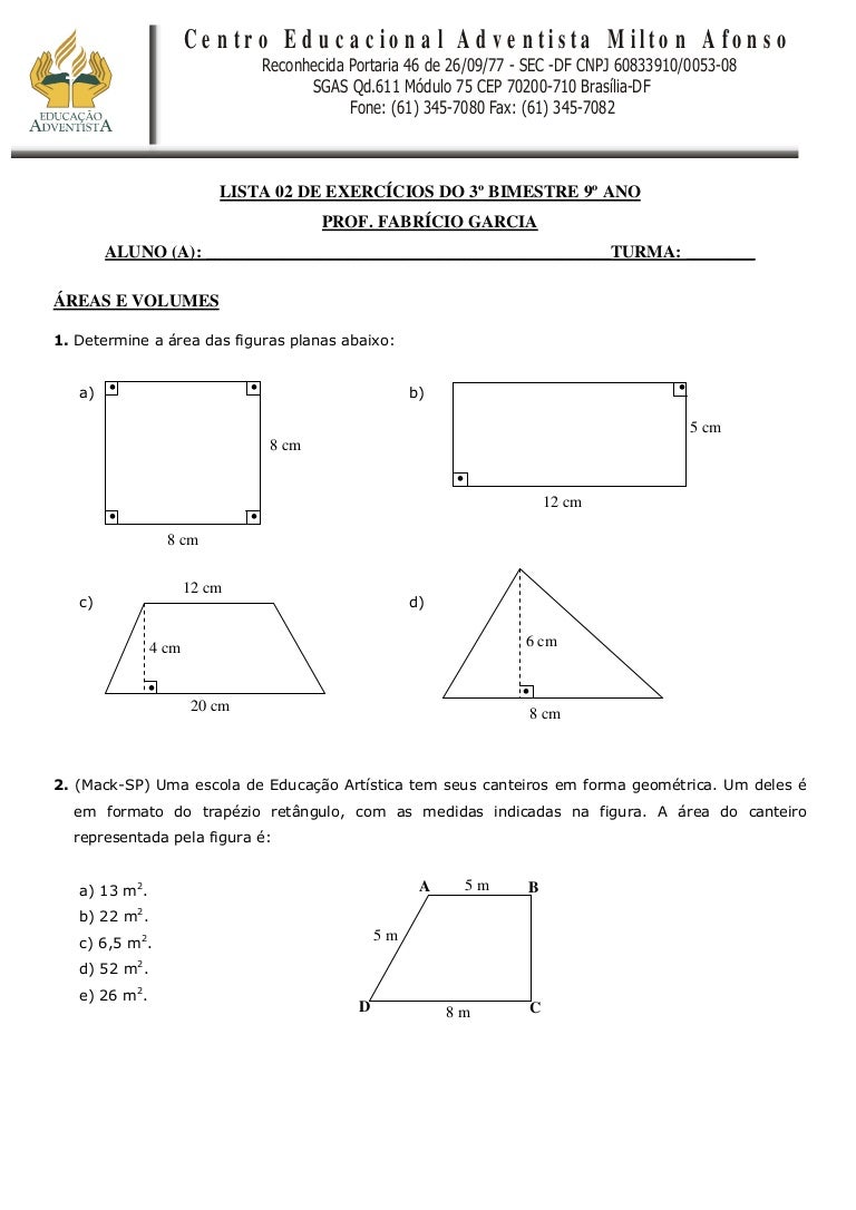 9 Ano Lista 02 Areas Volumes