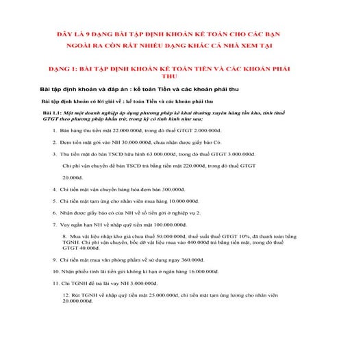 9 dạng bài tập định khoản kế toán