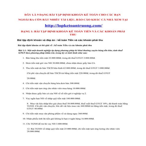 9 DẠNG BÀI TẬP ĐỊNH KHOẢN KẾ TOÁN 