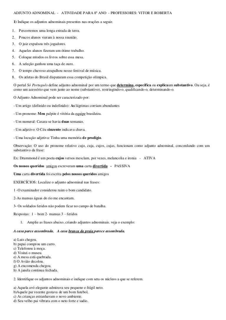 Adjunto Adverbial Exercícios Com Gabarito 8o Ano