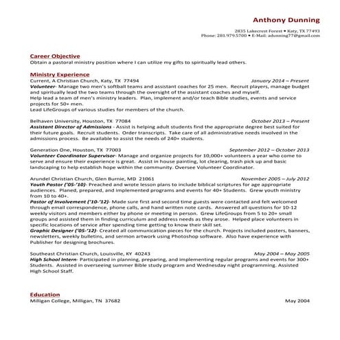 Anthony Dunning's Ministry Resume