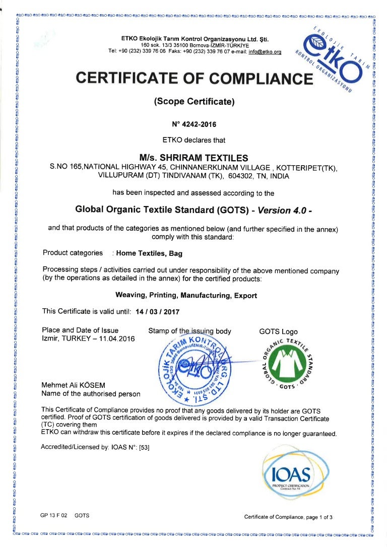 GOTS CERTIFICATE