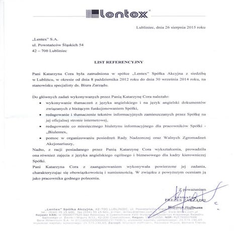 list referencyjny Lentex