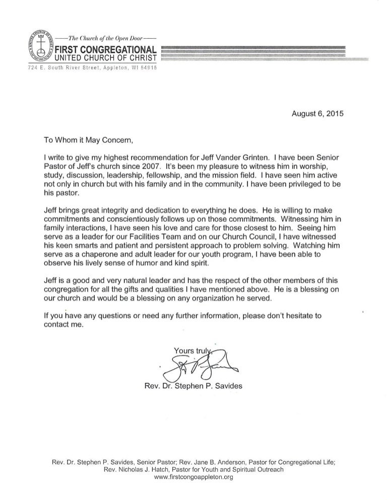 Pastor Steve letter of