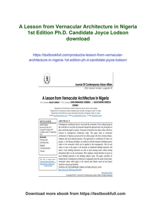 A Lesson from Vernacular Architecture in Nigeria 1st Edition Ph.D. Candidate ...