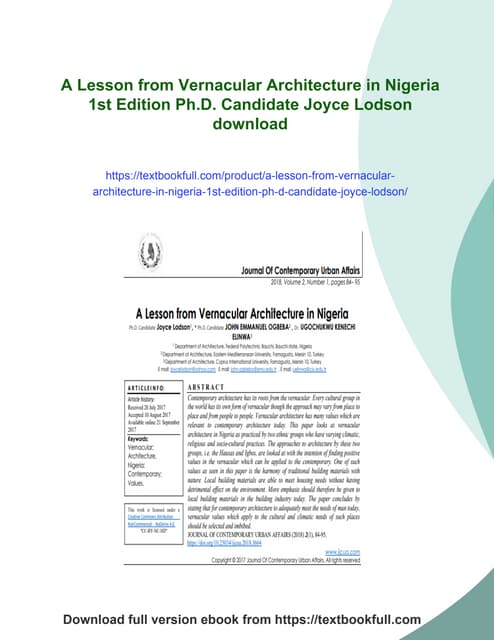 A Lesson from Vernacular Architecture in Nigeria 1st Edition Ph.D. Candidate ...